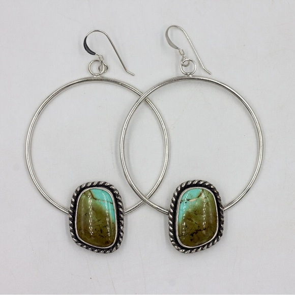 2” Sterling Silver Kingman Turquoise Hoop Earrings - Picture 1 of 3